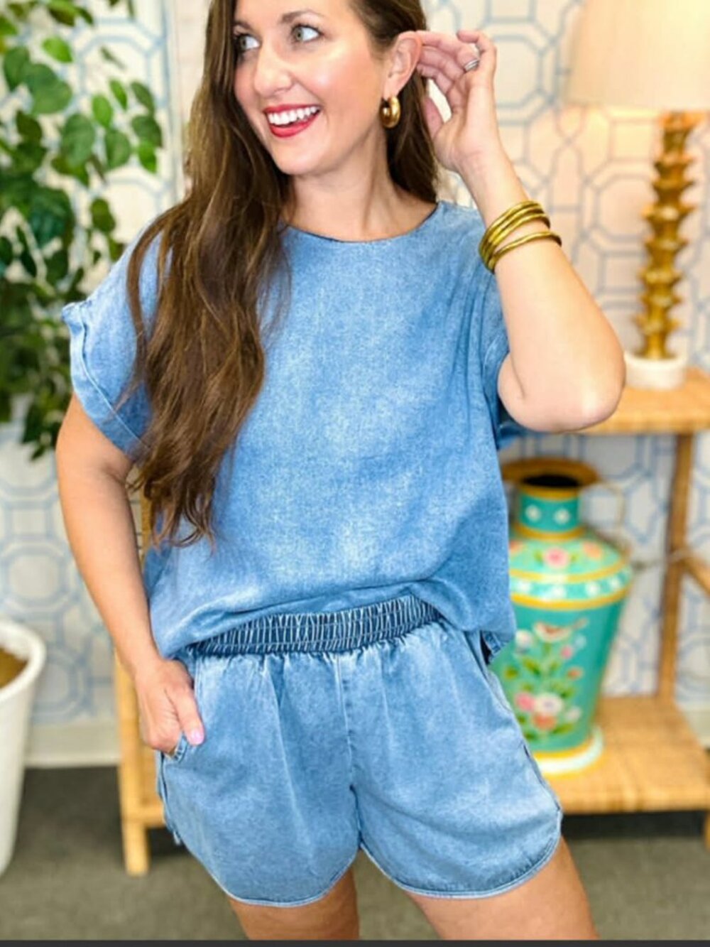 WISHLIST Tencel Short Sleeve Chambray Top and Matching Denim Shorts Set